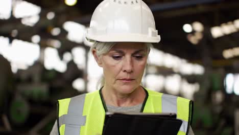 senior female engineer inspecting a factory using a digital tablet