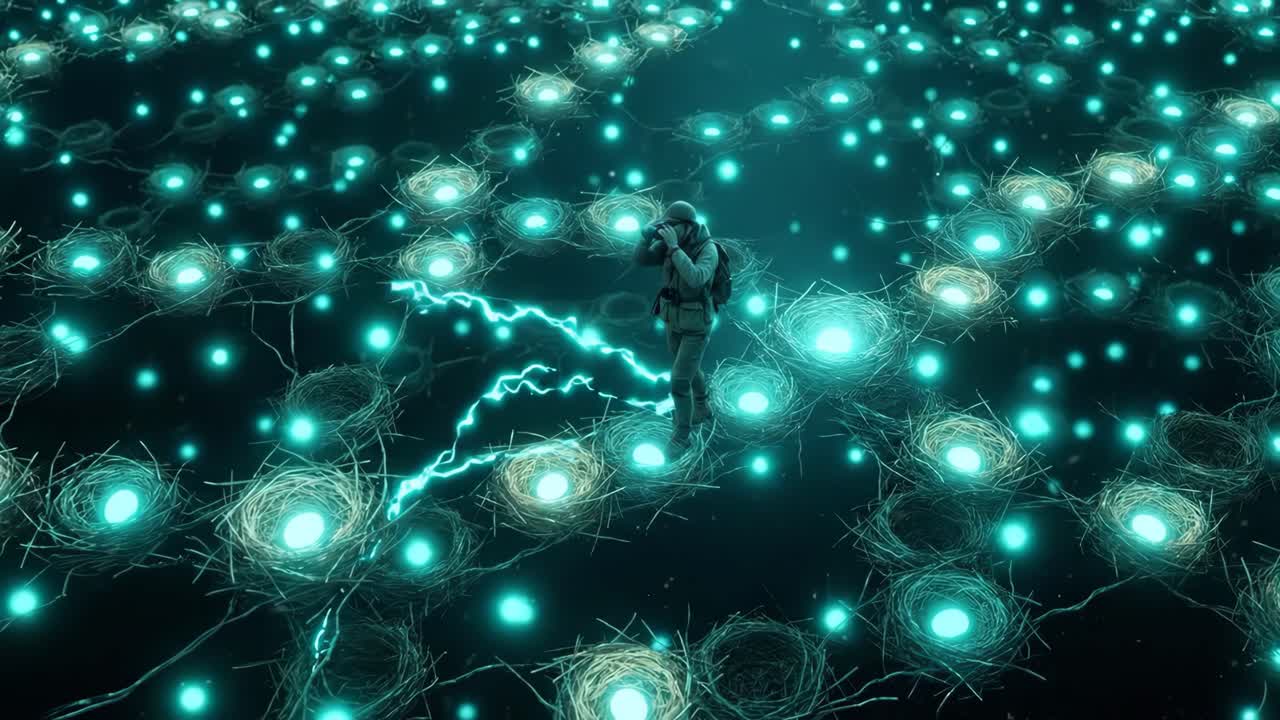 Explorer Activating a Futuristic Network of Glowing Energy Nests
