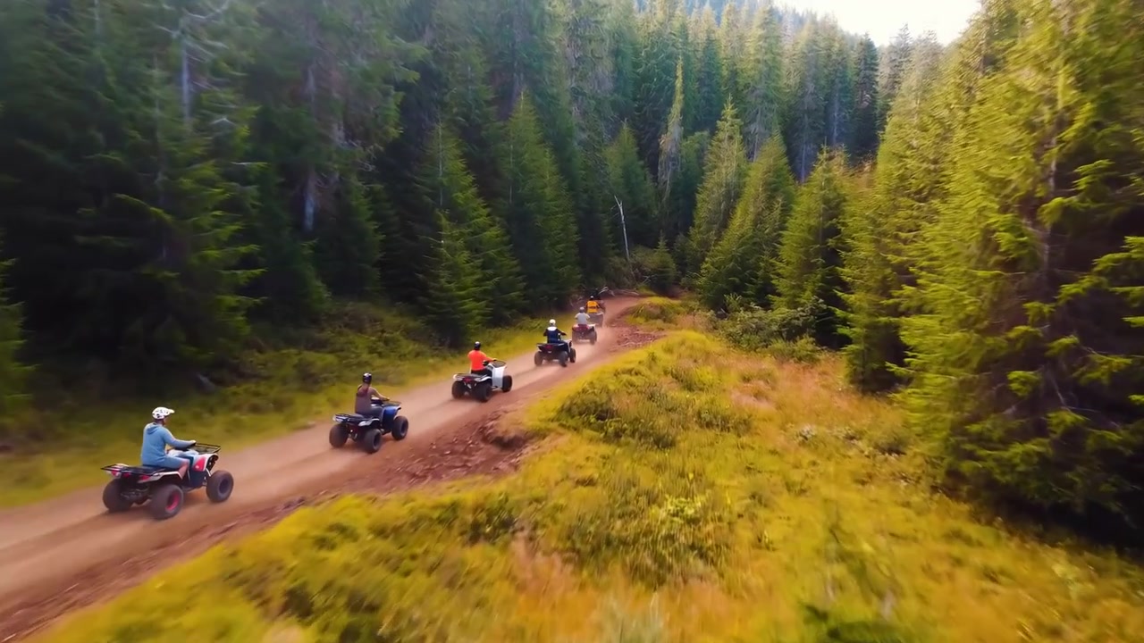 Convoglio di quad su un sentiero forestale, un gruppo di motociclisti guidati da una guida che percorre un sentiero di montagna polveroso tra pini imponenti.