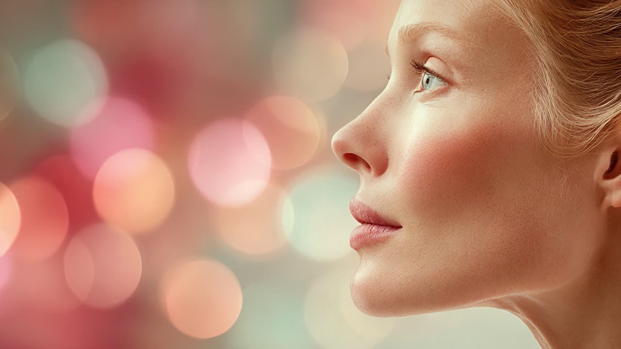 Profilo accattivante di una donna radiosa, messo in risalto da un delicato sfondo bokeh, che mostra la bellezza naturale e i lineamenti aggraziati in un'estetica da sogno