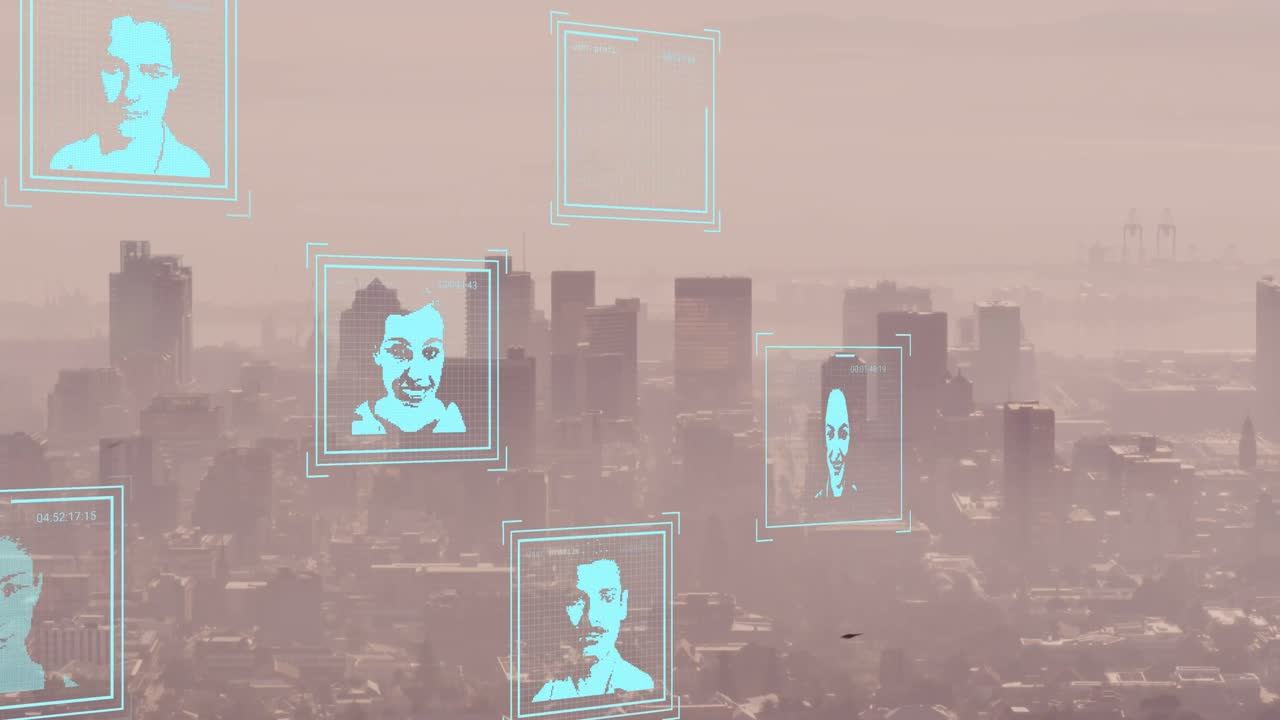 animación de fotos biométricas y procesamiento de datos sobre el paisaje urbano