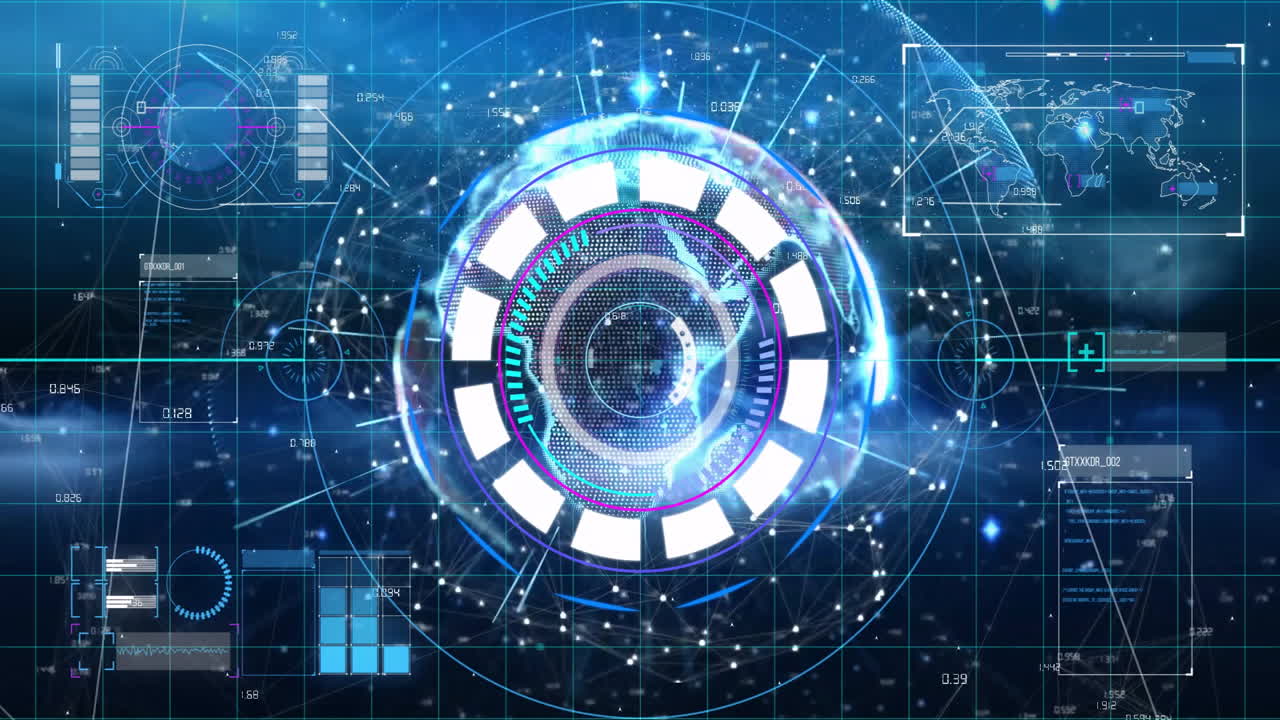 회전 요소와 데이터 시각화 애니메이션을 가진 미래의 디지털 인터페이스