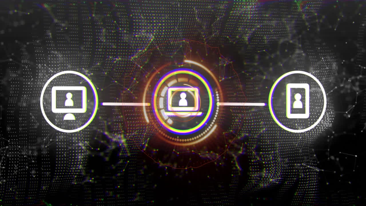 Digital network connection animation with icons of devices and user profile