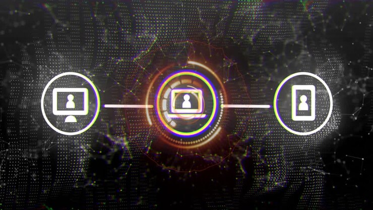 Digital network connection animation with icons of devices and user profile