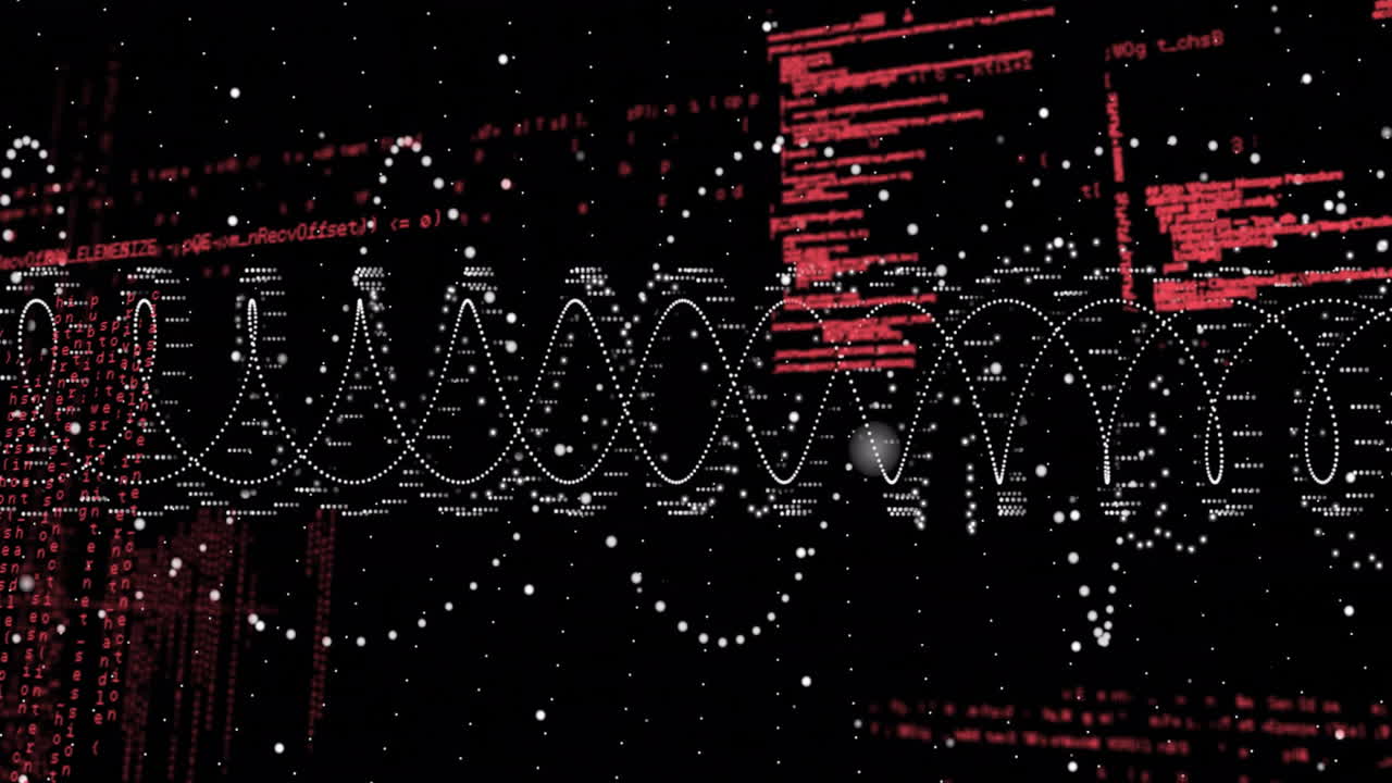White dotted sine waves stretching across black canvas, showing red code blocks and white dots