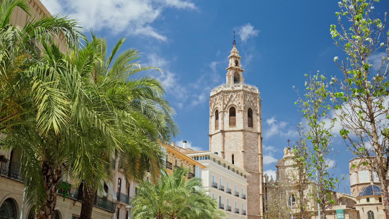 Daytime view of El Micalet bell tower rising above palm trees and surrounding historic roof in the Cathedral precinct, Valencia, Spain
