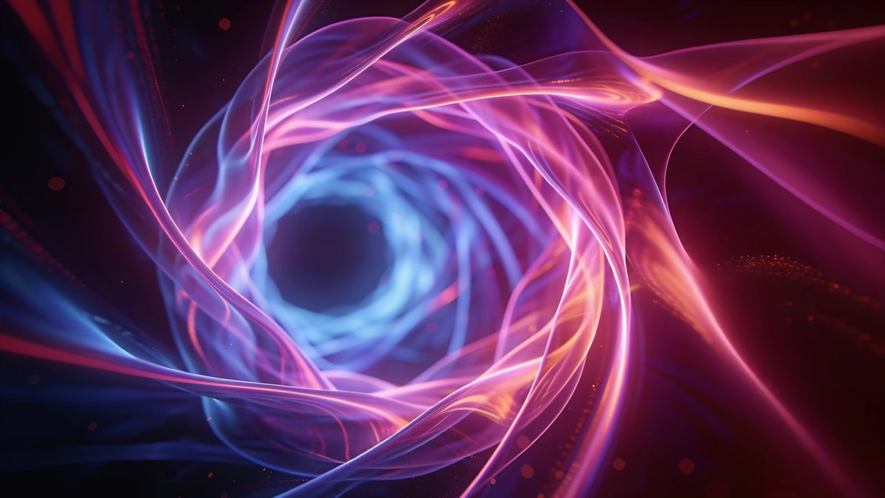 Vortice di nastri rosa e blu che avanza, attirando lo sguardo verso l'interno in un tunnel astratto con l'avanzamento della telecamera, con polvere.
