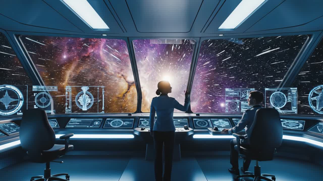 Spaceship Bridge Crew Navigating Through Space