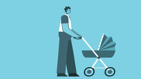 diseño gráfico hombre personaje andar en bicicleta con cochecito aislado bucle 2d animación. luma mate.