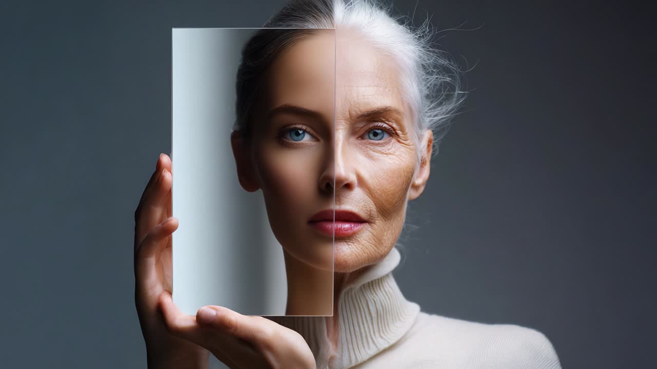 A captivating juxtaposition of youth and age, showcasing the beauty of both stages of life through a sophisticated artistic lens. The image contrasts smooth skin and wrinkles, conveying the essence of time