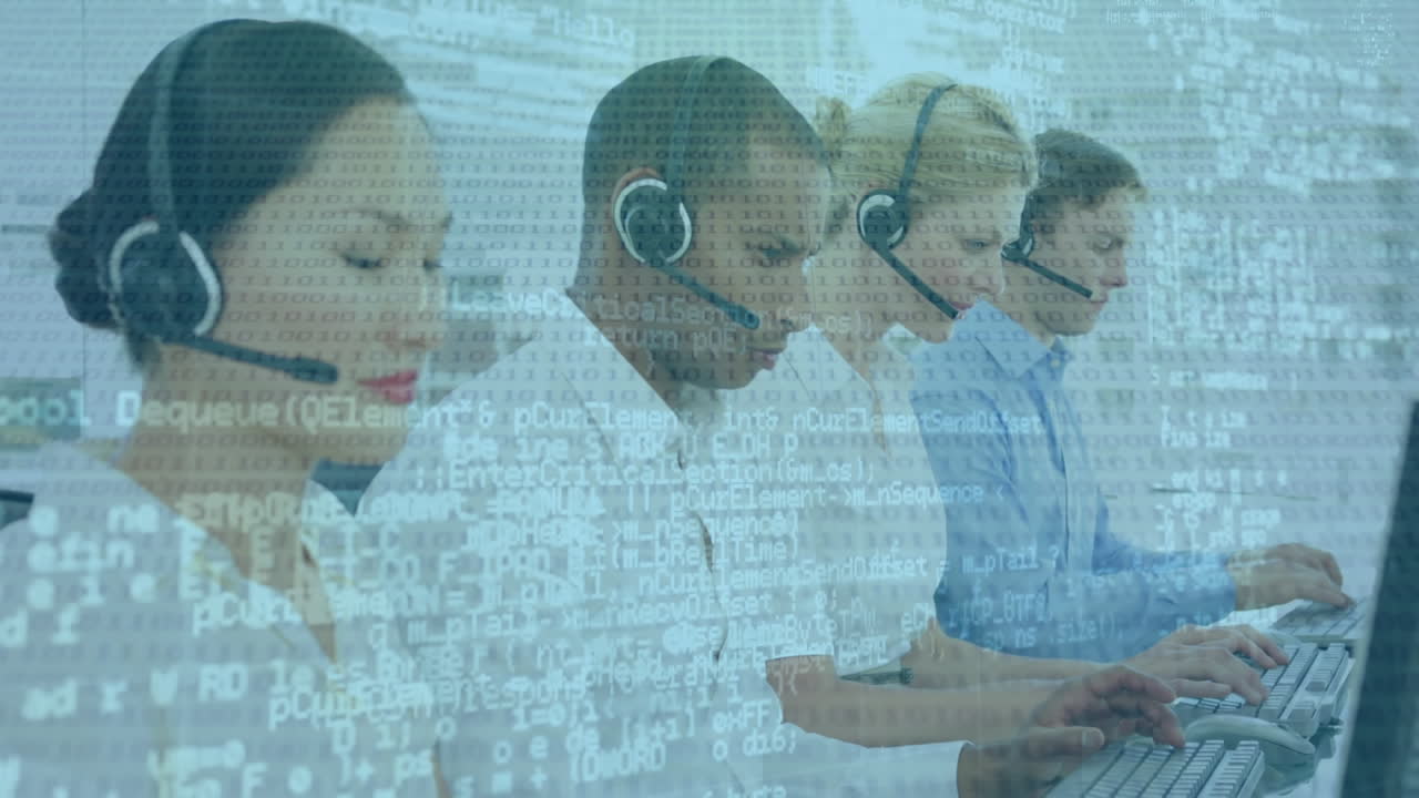 Animation of financial data processing over diverse business people using headsets and computers