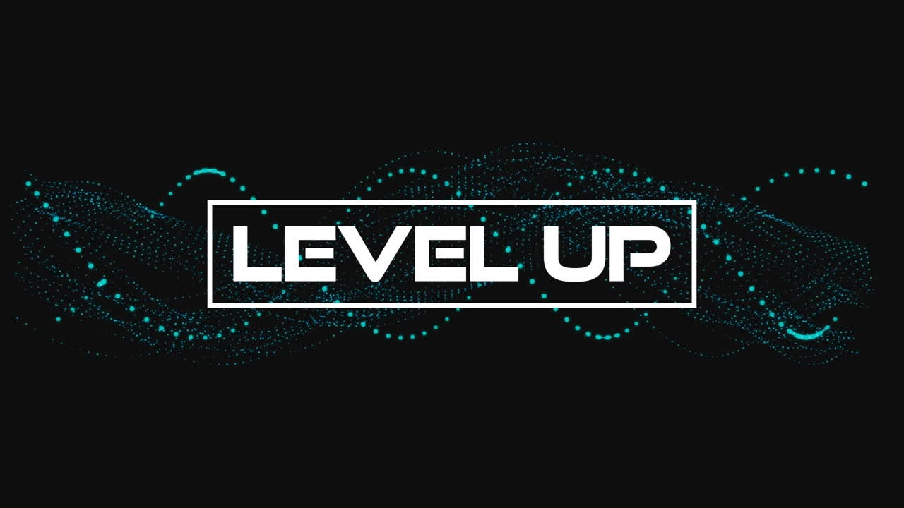 Animation of level up text and shapes on black background