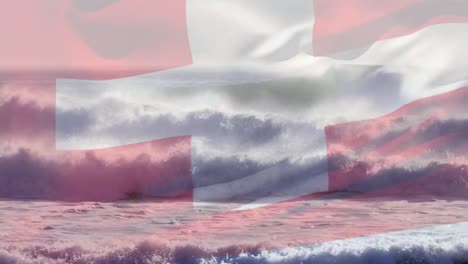 Zusammengesetztes-Video,-In-Dem-Die-Schweizer-Flagge-Gegen-Die-Wellen-Im-Meer-Weht