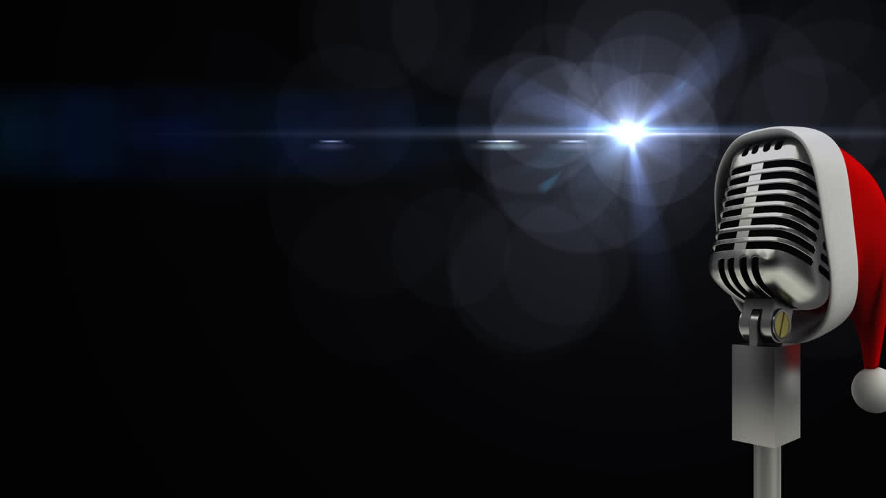 animación de la luz y el micrófono vintage en el sombrero de santa sobre fondo negro