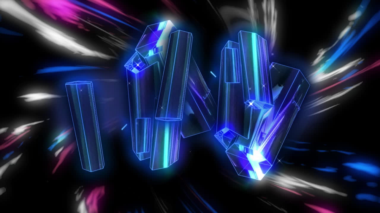 Animation of glowing blue blocks spinning over light trails moving on black background