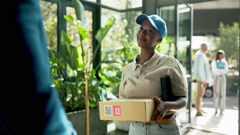 delivery person handing a package to a customer