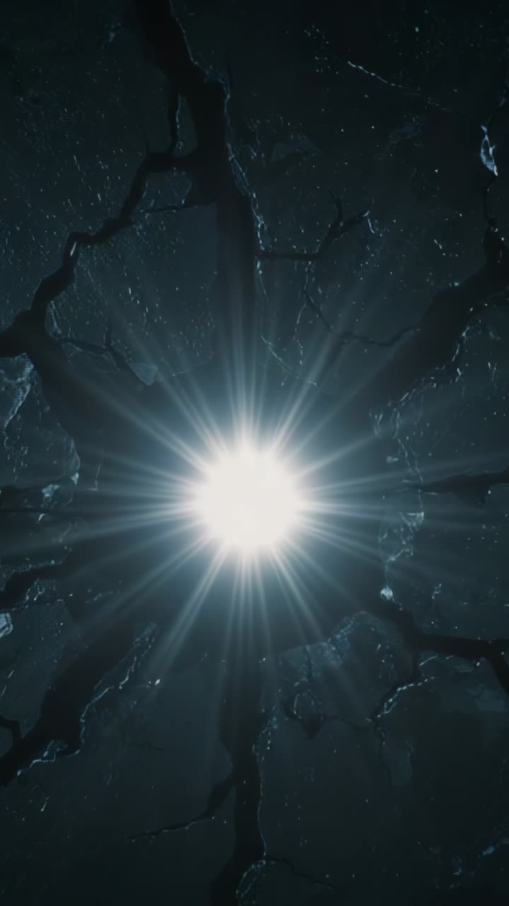 Vertical video: Activating glowing orb casting beams into cracked rock in cavern, revealing dust
