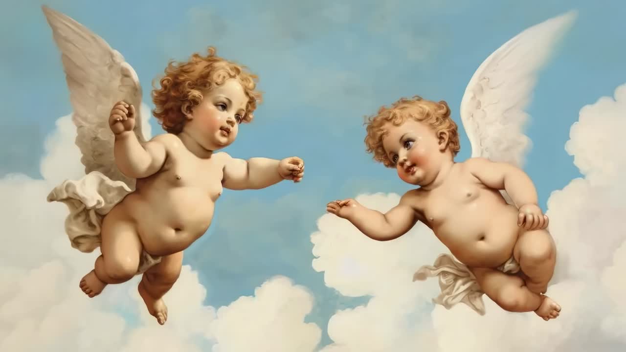 Due cherubini alati fluttuano tra le nuvole in un classico stile rinascimentale