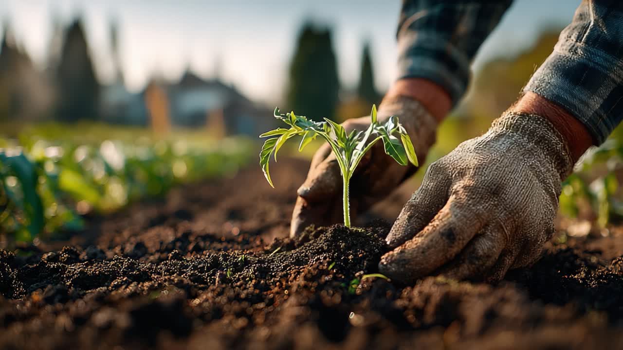 Cultivating Growth: A Close-Up of a Gardener's Hands Planting a Young Seedling in the Rich Soil, Fostering Life in a Flourishing Garden Environment