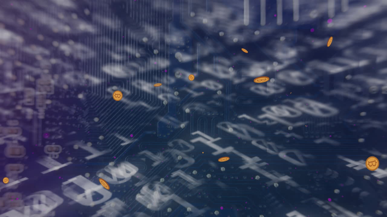 二進制編碼上方漂浮的比特幣動畫