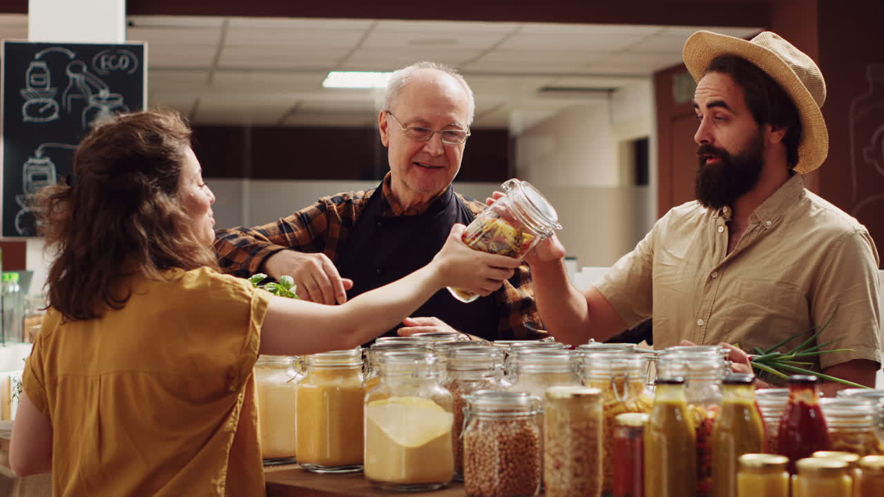 노인 상점 주인이 고객을 도와줍니다.