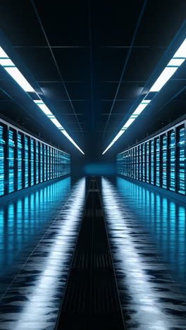 a long hallway with many computer servers. the servers are blue and white. the hallway is very long and empty