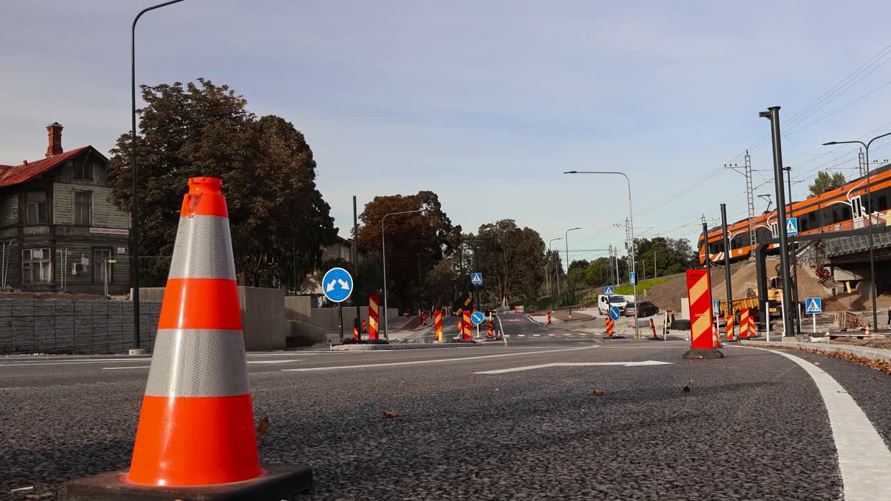 Road Construction with Tram and Cyclist