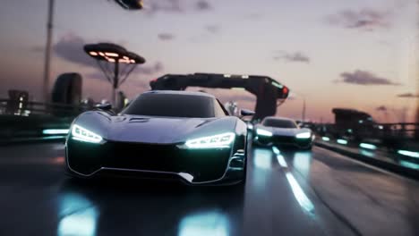 Experience an exhilarating race through a vibrant, neon-lit city during dusk, featuring sleek, advanced vehicles and soaring drones in the background.