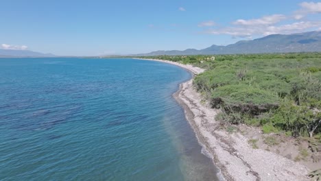 Flying-Over-The-Shoreline-By-Bahia-De-Ocoa-With-Green-Forest-In-Summer-In-Azua,-Dominican-Republic