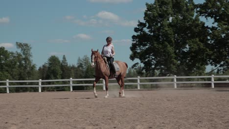 a caucasian lady and her beautiful horse trotting elegantly around a paddock of an equestrian centre training their dressage routine, sweden