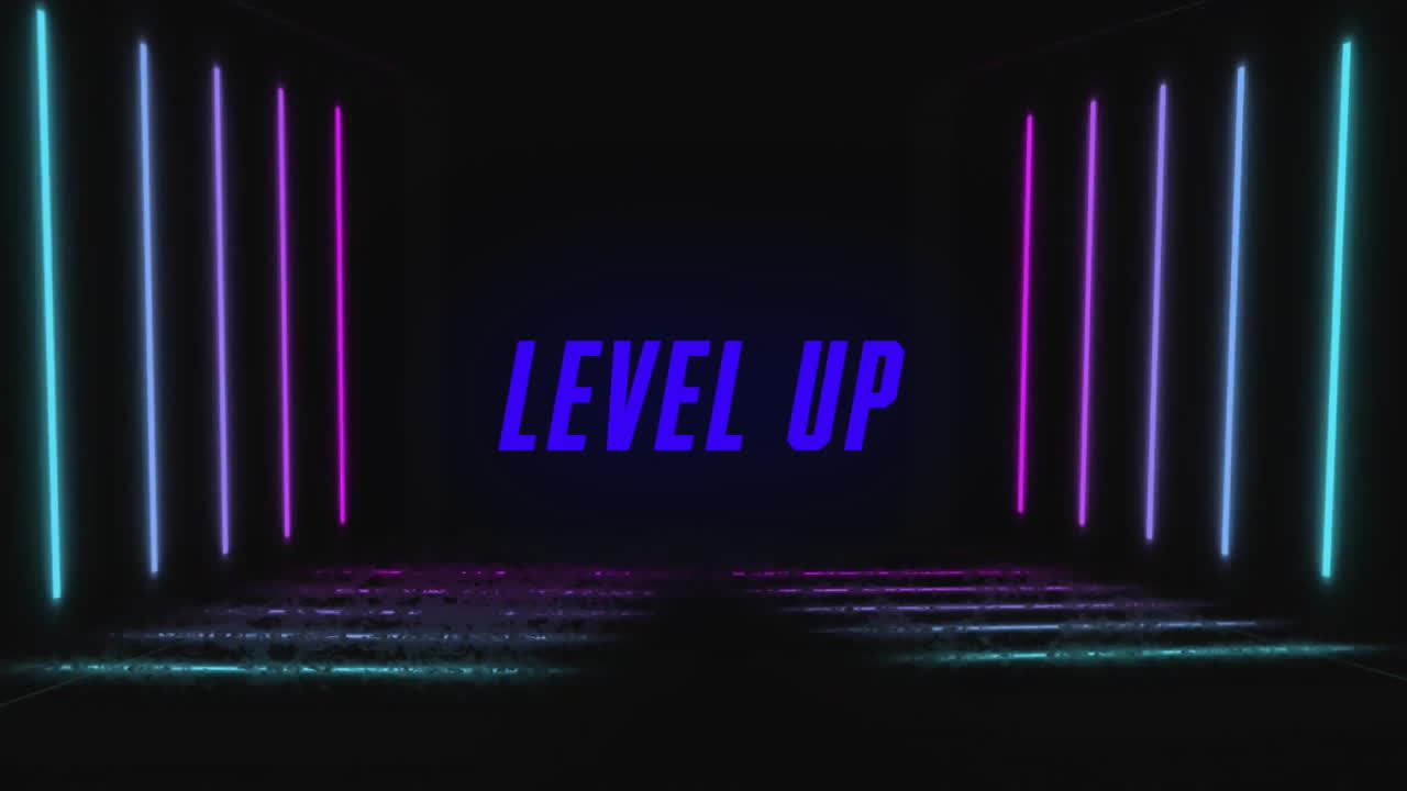 Level up text animation over neon lights in dark room