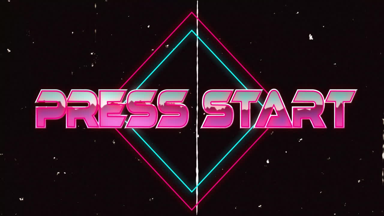 Animazione retrò che mostra il testo "Premi Start" con forme al neon su sfondo nero.
