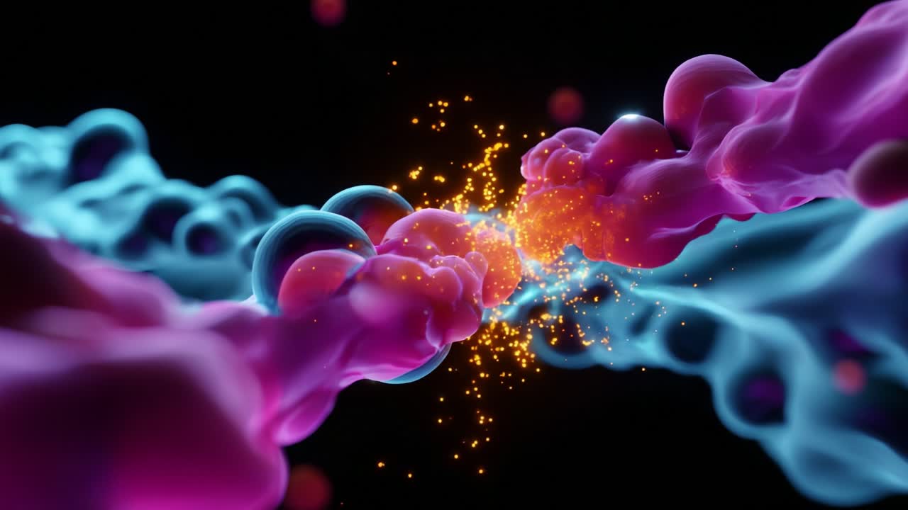 A Captivating Visual Display of Colorful Abstract Fluid Dynamics with Vivid Particles Interacting, Highlighting the Fusion of Energy and Matter in a Stunningly Rendered Digital Background