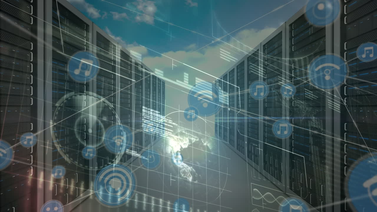 Animation of network of connections with icons and data processing over server room