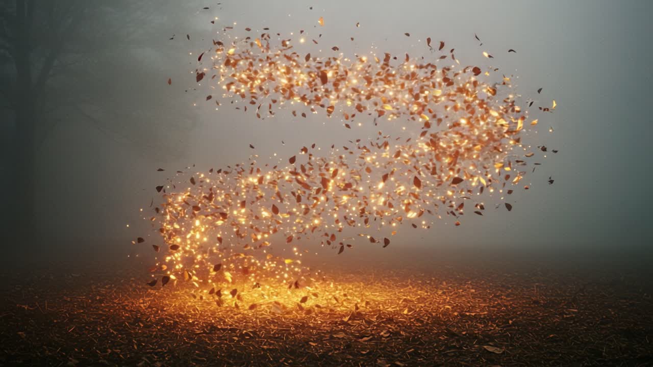 A mesmerizing display of swirling autumn leaves illuminated by sparkling lights, creating a captivating ethereal scene amid a misty forest background