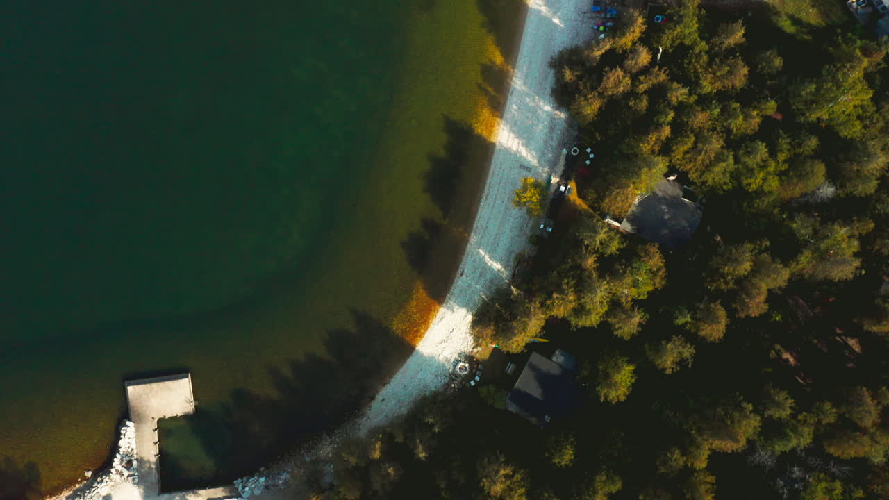 Sunlight filters through tall trees along a curved forest shoreline, casting long shadows across a pale sandy path and a quiet pier reaching into calm emerald water