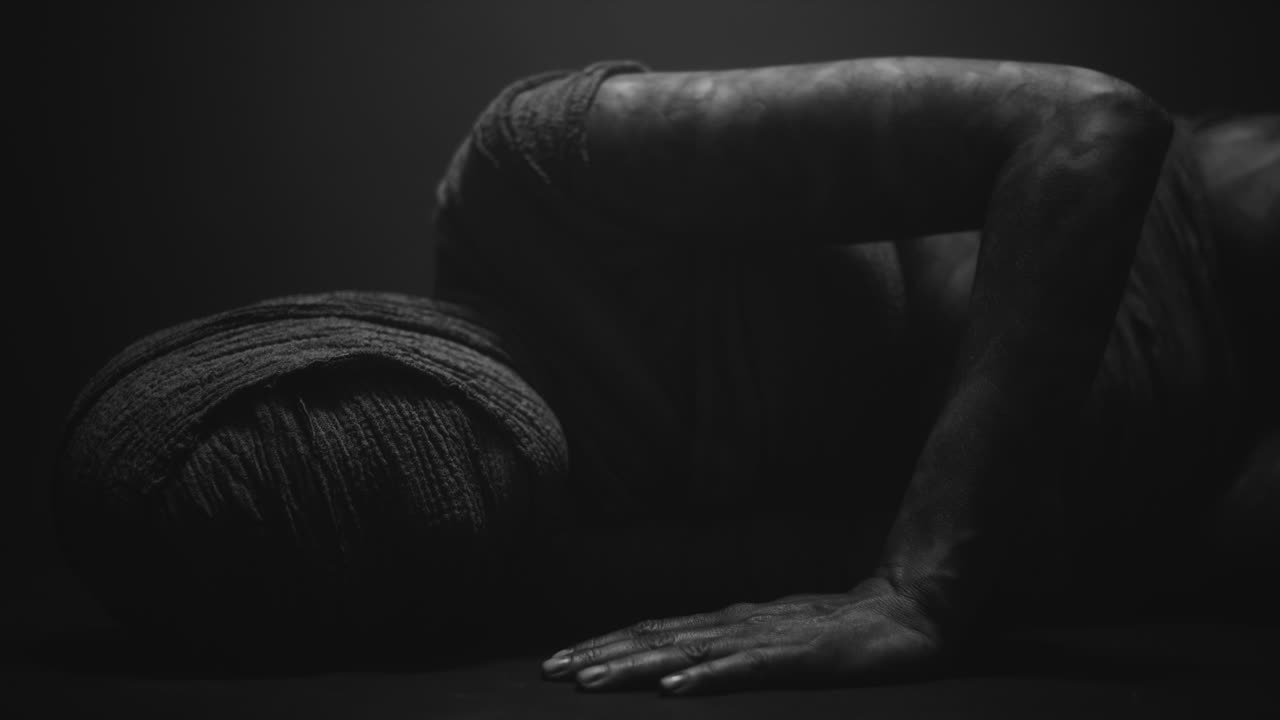 A mummy of a woman on a dark backdrop turns and then lowers her head