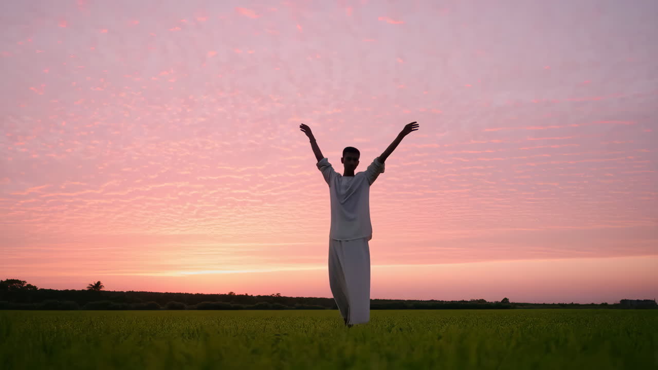 Person silhouetted with raised arms in a field at sunset