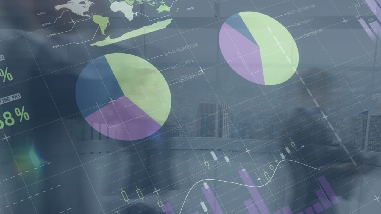 animación del procesamiento de datos financieros sobre diversas personas de negocios que caminan en la oficina moderna
