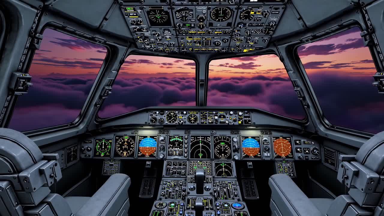 Cockpit view from a pilot's perspective at sunset, showcasing detailed controls and vibrant sky