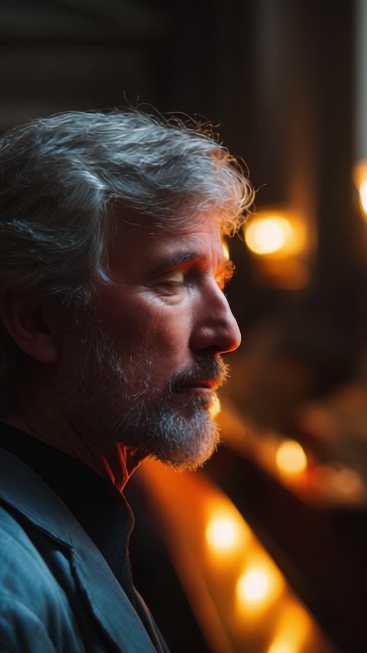 Un uomo contemplativo con capelli e barba argentati osserva pensieroso in un ambiente illuminato da luce soffusa, creando un'atmosfera ricca di emozione e riflessione.