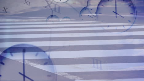 animation of clocks moving fast over people walking in fast pace on zebra crossing