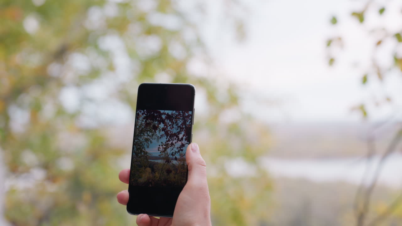 Celular capturando árvores de outono e rio; mulher de jaqueta de couro toca na tela para fotografar mirante arborizado, ajusta o enquadramento para bokeh e reflexo, céu nublado calmo e água distante