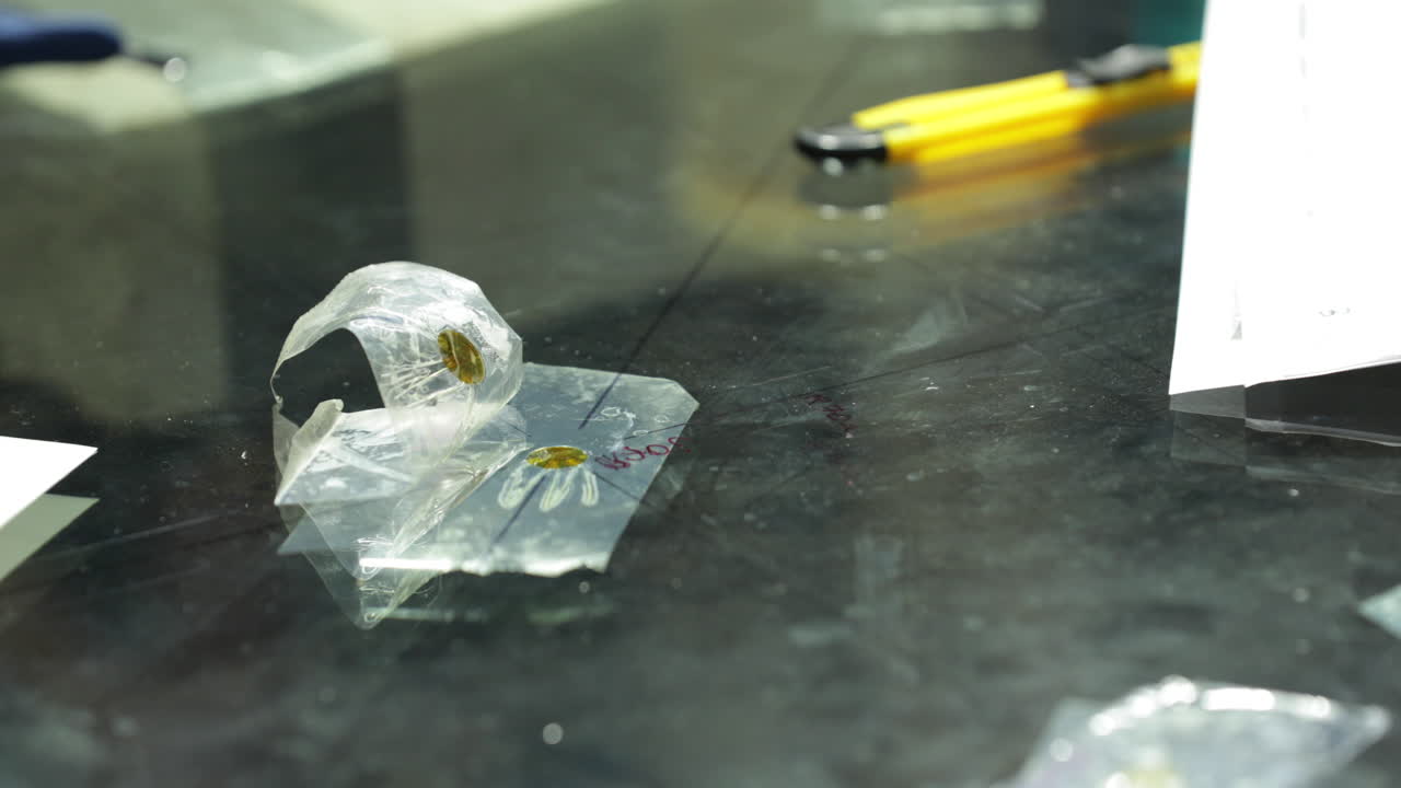 Pellicole sensore di pressione in plastica usate sul tavolo - primo piano, scorrimento a destra.