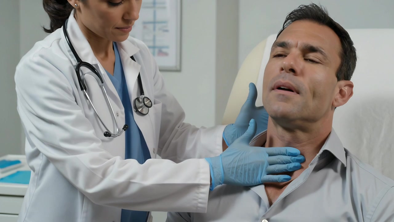 Clínico con bata de laboratorio palpando, colocando la mano enguantada en el cuello del paciente, evaluando la tiroides en la clínica.