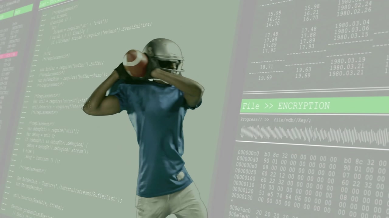 quarterback throwing football in studio set, with scrolling code panels and encryption graphics