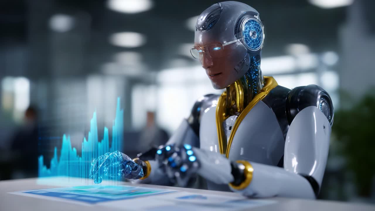 Futuristic AI Robot Analyzing Data Visualizations in an Office Environment: A Glimpse into Advanced Robotics and Technology Integration for Enhanced Decision-Making