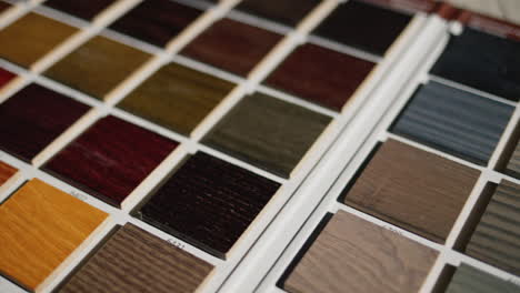 dolly shot: palette with painted wood samples to select the color of wood products. 4k video