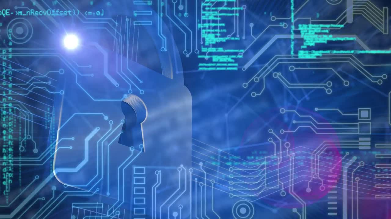 animación del código de programación que se mueve contra el candado gráfico y la placa de circuitos electrónicos