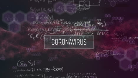 pancarta de texto de coronavirus sobre estructuras moleculares y ecuaciones matemáticas en fondo negro